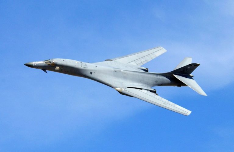 A B 1 Lancer performs a fly by during a firepower demonstration