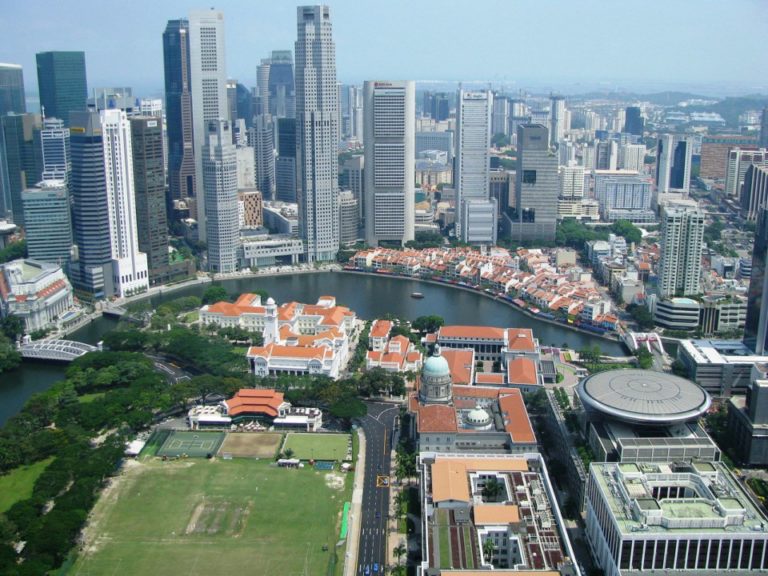 Aerial view of the Civic District Singapore River and Central Business District Singapore 20080518