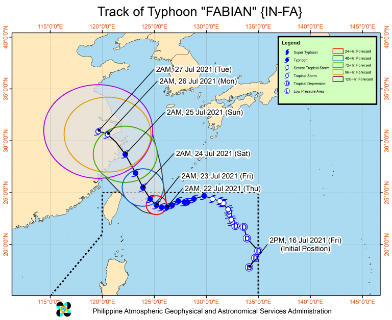 Areas in red and orange warning brace for typhoon Fabian