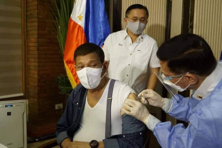 Duterte gets first shot of Sinopharm COVID-19 vaccine
