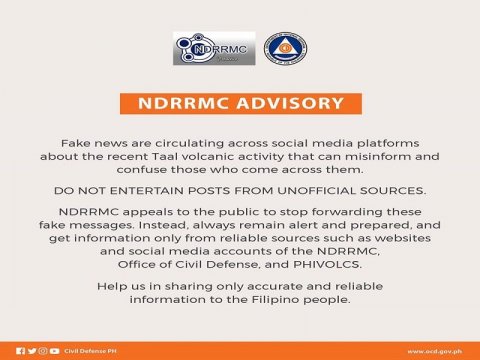 NDRRMC releases advisory against Taal eruption fake news