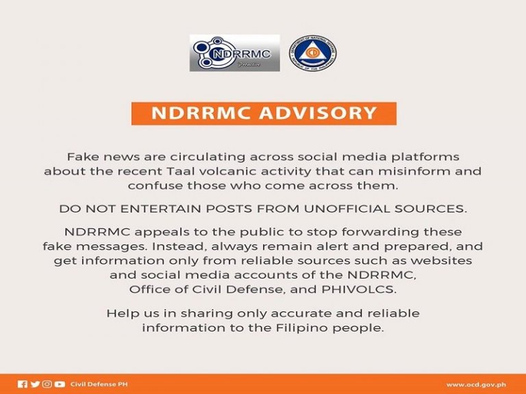 NDRRMC warns public against Taal alert level fake news