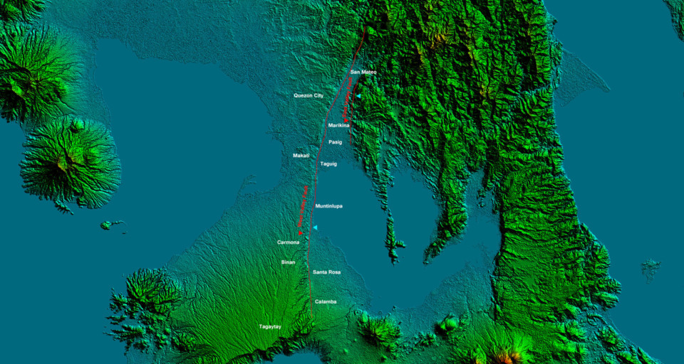 Relief Map of Metro Manila and nearby provinces showing the West and East Valley Fault Line