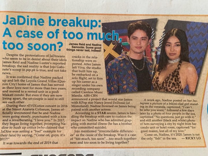 The controversial article of Ricky Lo on Jadine's break up