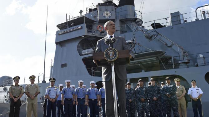 U.S. President Barack Obama speaks to reporters after touring the BRP Gregorio del Pilar in Manila, Philippines, Tuesday, Nov. 17, 2015. The BRP Gregorio del Pilar is an advanced Philippine Navy frigate once owned by the United States. While in Manila, Obama will attend the Asia-Pacific Economic Cooperation summit with nearly two dozen other leaders. (AP Photo/Susan Walsh)